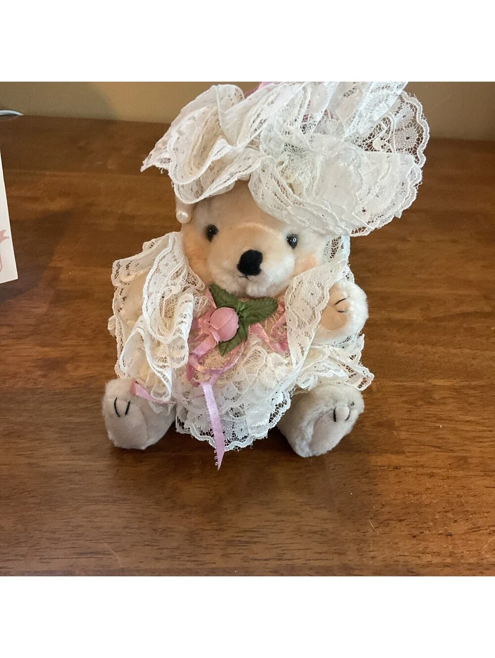 Vintage White Plush Toy Teddy Bear Beige Lace Dress Stuffed Animal 9 Tall